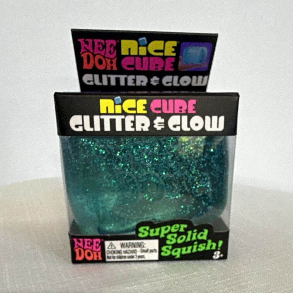 Schylling NeeDoh Nice Cube Glitter & Glow Squeeze Toy, Blue, MPN 26060HY